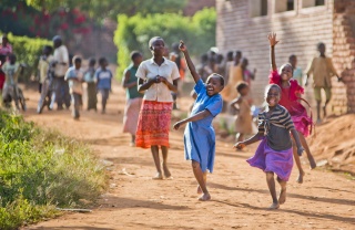 children running outside school