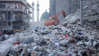 Rubble on the ground after an earthquake struck Aleppo, Syria.